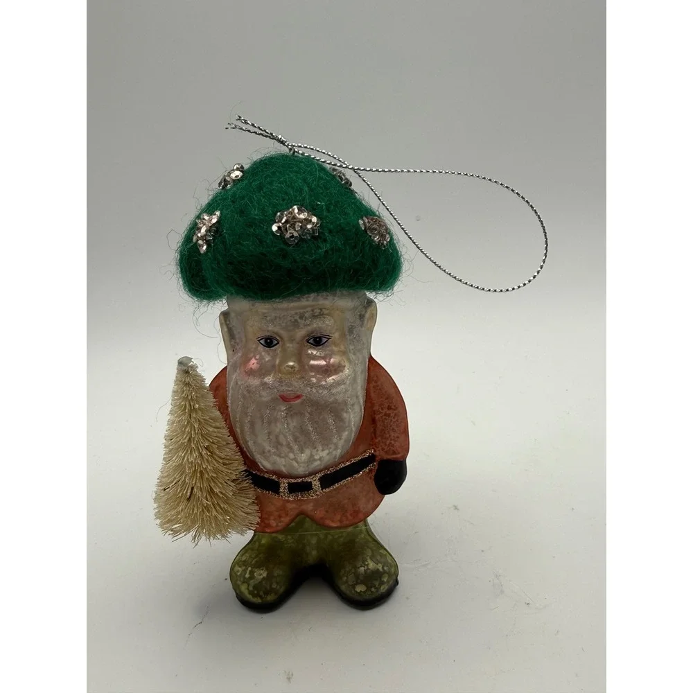 Mercury Glass Gnome Christmas Ornament Green Felt Sequin Hat Bottle Brush New